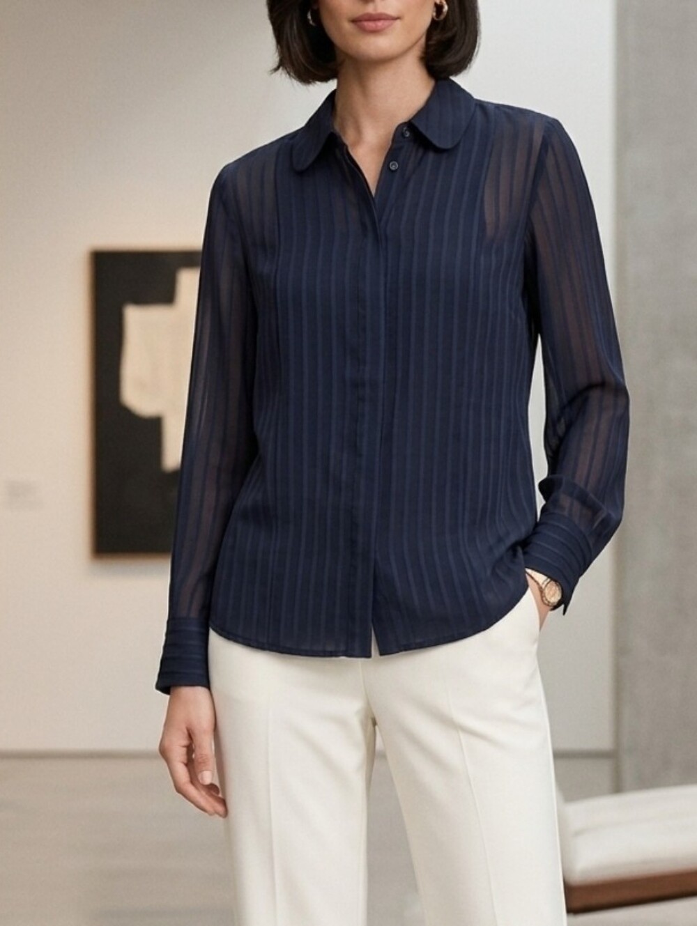 Tommy Hilfiger Dark Navy Pinstripe Button-Front Blouse